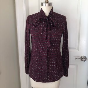 DKNY Burgundy Red Green Dots Print Silk Button Down Shirt